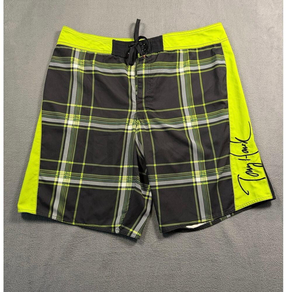 Tony Hawk Mens Board Shorts Size 38 Plaid Gray Lime Green Swim Trunks Surf
